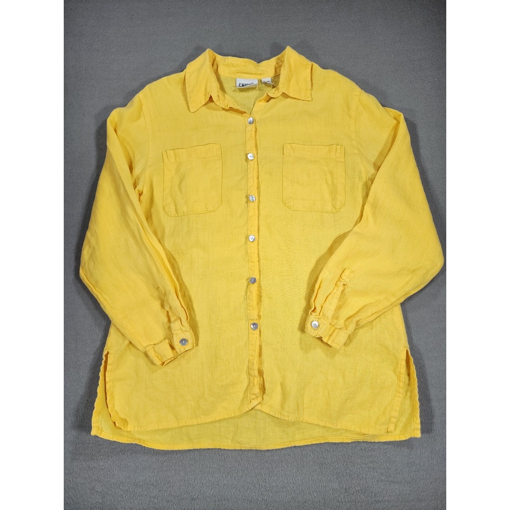 Vintage Chico's Design Women's Yellow Linen Button Down Long Sleeve Shirt Size 1